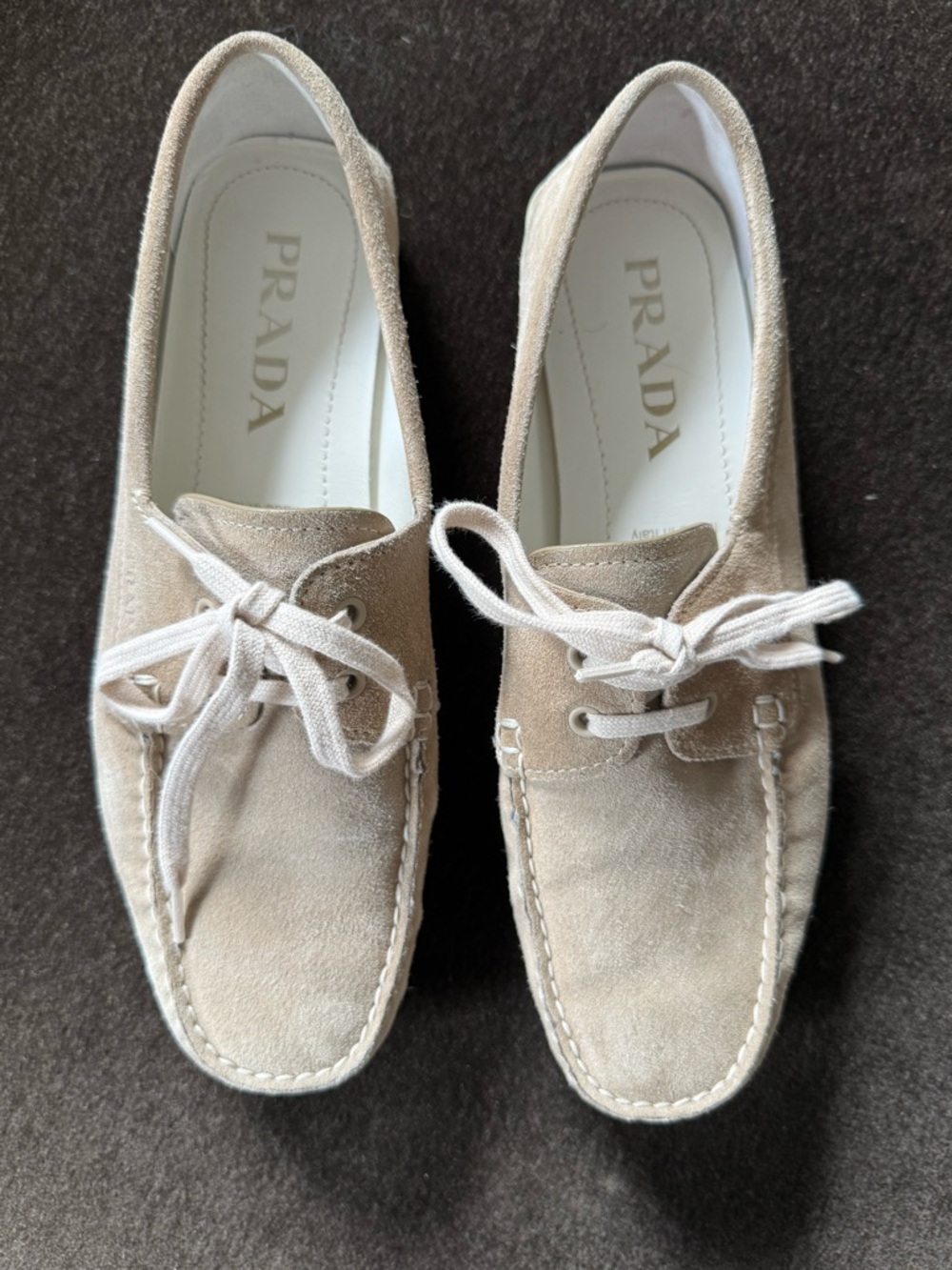 Prada Women’s Suede Driving Moccasins in Light Beige